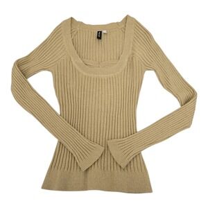 Heart Soul Ribbed Metallic Square Neck Long Sleeve Sweater Top Medium Gold Y2K